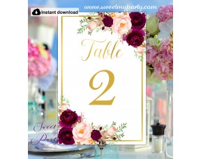 Burgundy Wedding Table numbers, Burgundy gold table numbers, (61c)